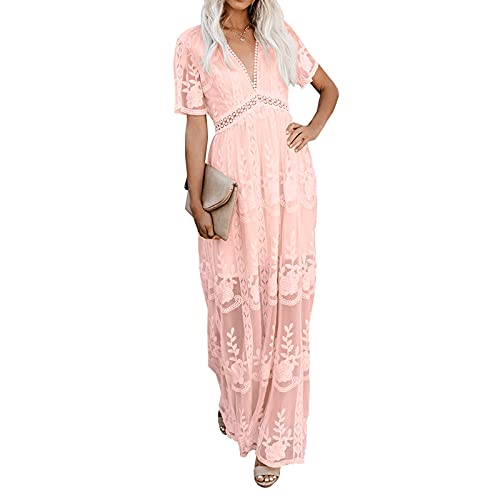 amropi Womens Deep V Neck Short Sleeve Floral Lace Dress Long Bridesmaid Maxi Dresses Pink,XL - Image 3