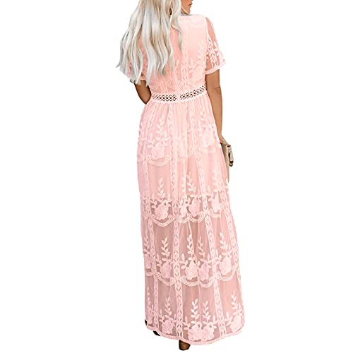 amropi Womens Deep V Neck Short Sleeve Floral Lace Dress Long Bridesmaid Maxi Dresses Pink,XL - Image 2