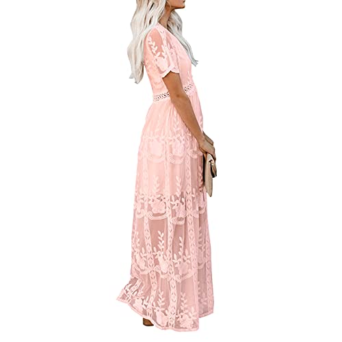 amropi Womens Deep V Neck Short Sleeve Floral Lace Dress Long Bridesmaid Maxi Dresses Pink,XL - Image 5