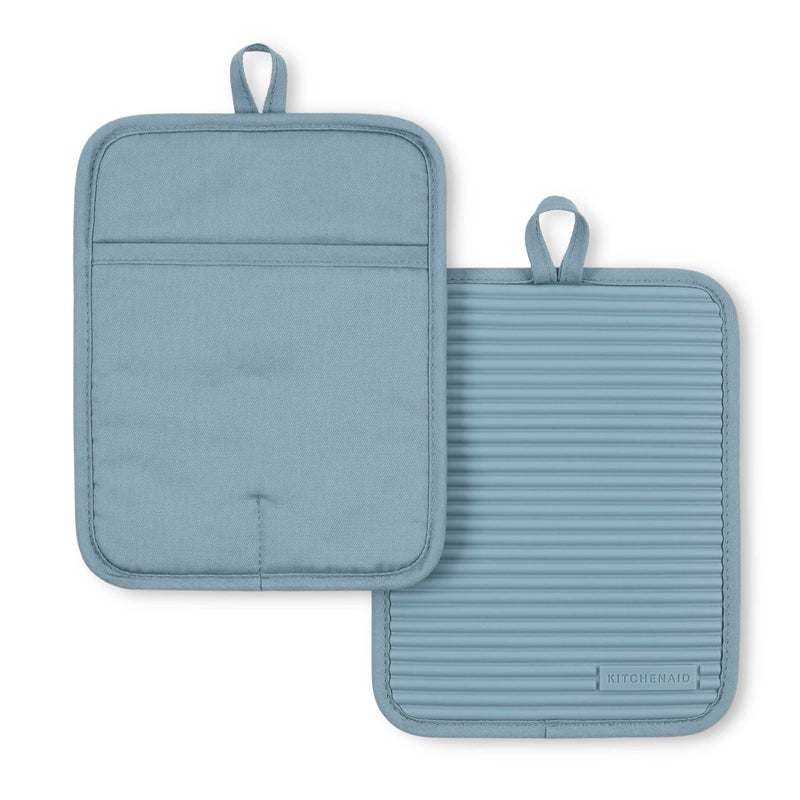 KitchenAid Ribbed Soft Silicone Pot Holder 2-Pack Set, Fog Blue, 7"x9" - Image 1