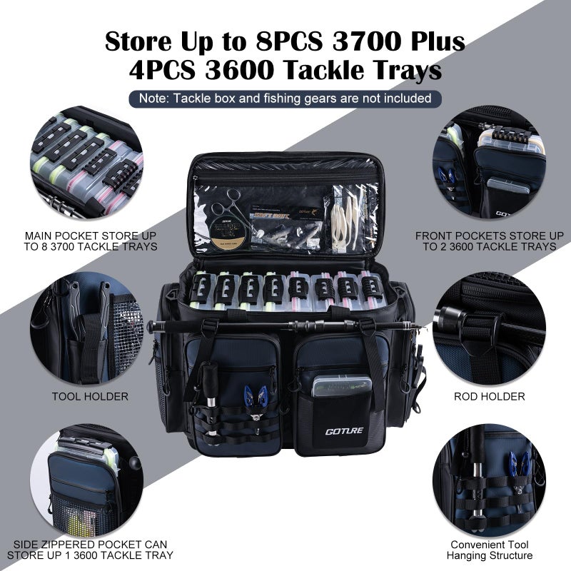 Goture Large Tackle Bag,1800D PVC Waterproof Saltwater Gear Storage Big Fishing Bag with EVA Bottom,Store Up to 8PCS 3700 Plus 4PCS 3600 Tackle Trays(Not Included),20.87â€x11.42â€x15.16â€ - Image 2