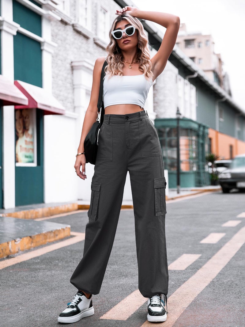 ZMPSIISA Women High Waisted Cargo Pants Wide Leg Casual Pants 6 Pockets Combat Military Trousers(Grey,Medium) - Image 2