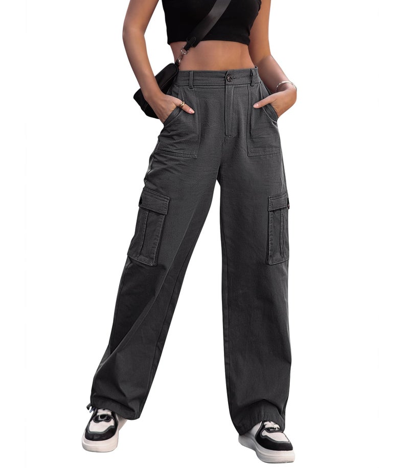 ZMPSIISA Women High Waisted Cargo Pants Wide Leg Casual Pants 6 Pockets Combat Military Trousers(Grey,Medium) - Image 1