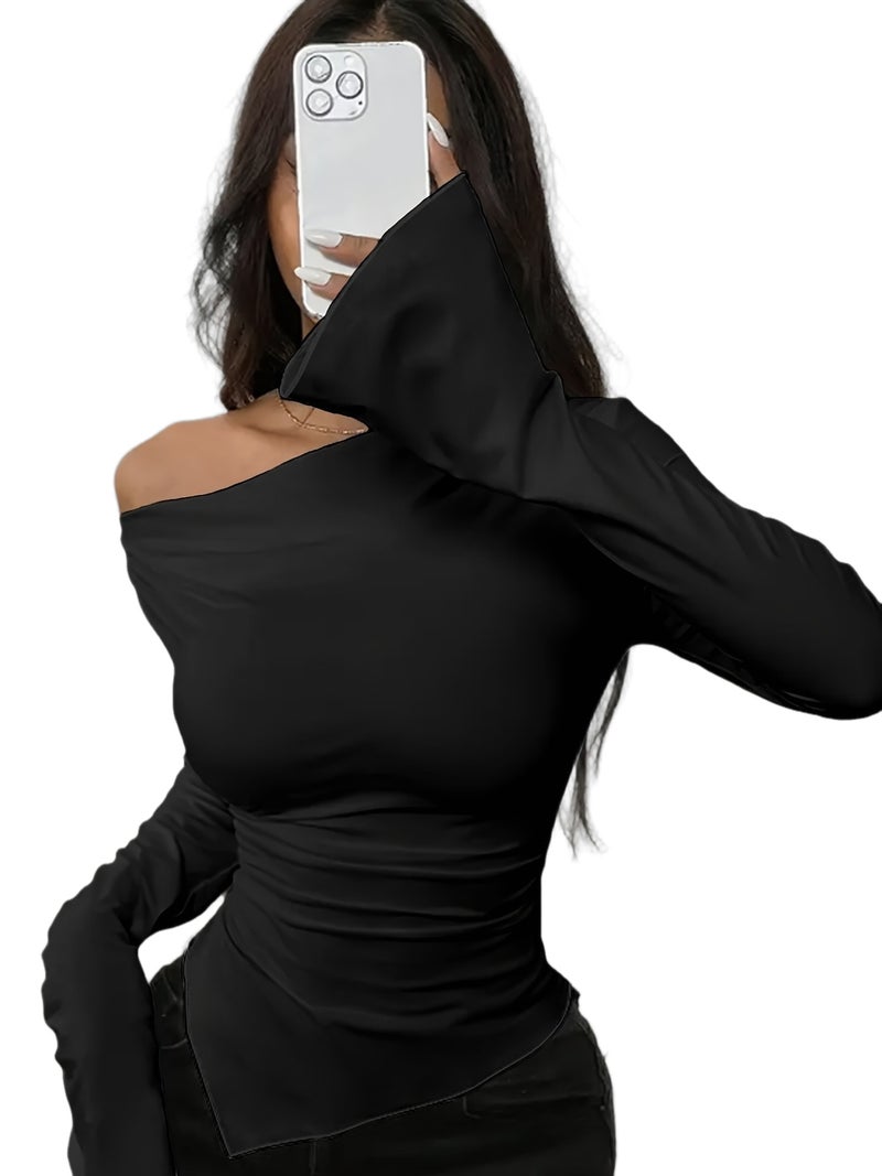Spring And Summer New Waist - V - Neck Straight - Shoulder Long - Sleeved Sweet And Spicy Irregular Slim T - Shirt - Black / S - Image 1