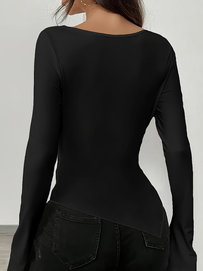 Spring And Summer New Waist - V - Neck Straight - Shoulder Long - Sleeved Sweet And Spicy Irregular Slim T - Shirt - Black / S - Image 3
