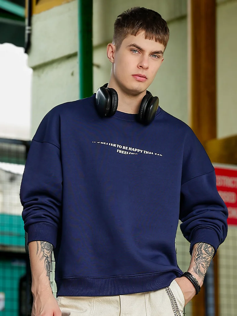 مانياك Maniac Mens Printed Round Neck Full Sleeve Navy & White Fleece Sweatshirt