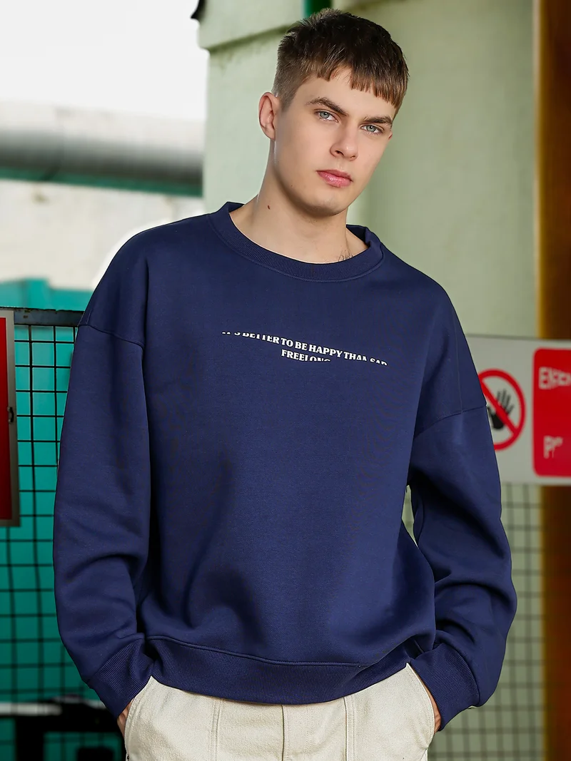 Maniac  Maniac Mens Printed Round Neck Full Sleeve Navy & White Fleece Sweatshirt for Men | Best Price UAE