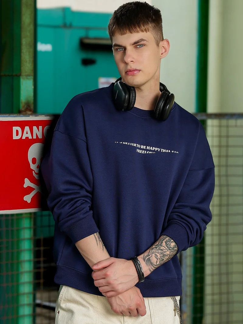 مانياك Maniac Mens Printed Round Neck Full Sleeve Navy & White Fleece Sweatshirt