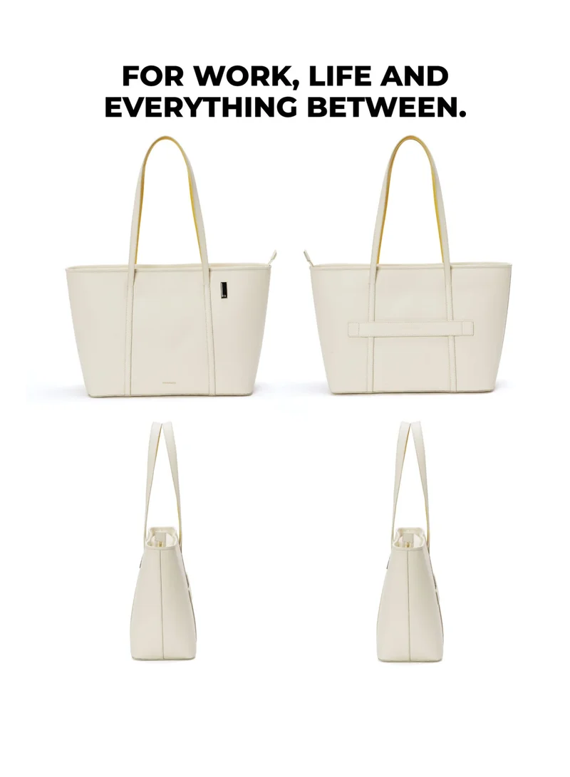Mokobara Oatmilk The Astrid Tote - Vegan Leather, Oatmilk, Yellow Interior for Women | Best Price UAE