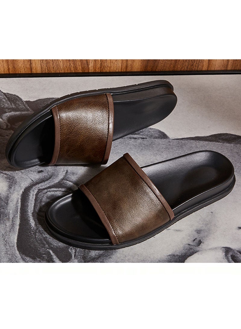 جيوان الرجال الجلد الأصلي شرائح مسطحة Sandals جولة مفتوحة إصبع القدم غير انزلاق في الهواء الطلق انزلاق على الشقق العادية حذاء خفيفة الوزن شاطئ الصيف Sandals - Image 3