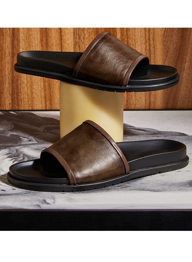 جيوان الرجال الجلد الأصلي شرائح مسطحة Sandals جولة مفتوحة إصبع القدم غير انزلاق في الهواء الطلق انزلاق على الشقق العادية حذاء خفيفة الوزن شاطئ الصيف Sandals - Image 2