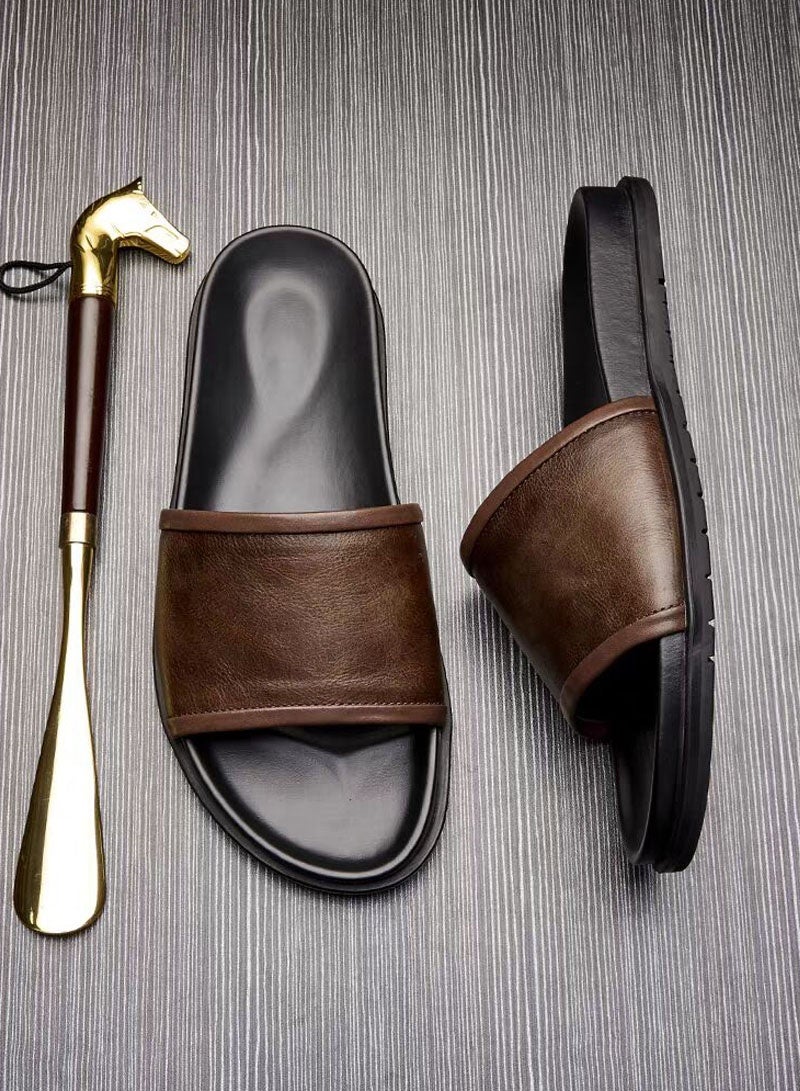 جيوان الرجال الجلد الأصلي شرائح مسطحة Sandals جولة مفتوحة إصبع القدم غير انزلاق في الهواء الطلق انزلاق على الشقق العادية حذاء خفيفة الوزن شاطئ الصيف Sandals - Image 1