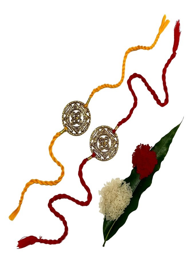 ATHZ Golden Brass Star Shape Dial Rakhi Bracelet for Bhaiya with Yellow and Red Thread - Image 1