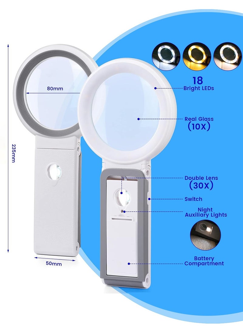 LENND 30X 10X Magnifying Glass with Light and Stand, Foldable Handheld Magnifying Glass 18 LED Illuminated Lighted Magnifier for Macular Degeneration, Seniors Reading, Close Work, Coins, Jewelry  - Image 4