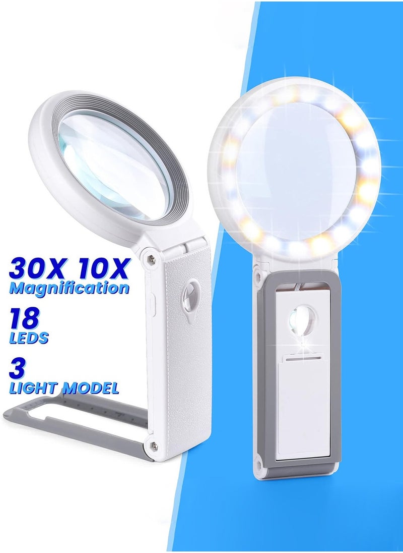 LENND 30X 10X Magnifying Glass with Light and Stand, Foldable Handheld Magnifying Glass 18 LED Illuminated Lighted Magnifier for Macular Degeneration, Seniors Reading, Close Work, Coins, Jewelry  - Image 5
