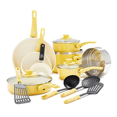GreenLife 16 Piece Nonstick Cookware Set, Soft Grip Non-Toxic PFAS-Free Ceramic Pots & Pans, Dishwasher & Oven Safe, Frying, Sauce, Saute, Utensils, Glass Lids, Stay-Cool Handles, Wobble Free, Yellow - Image 1