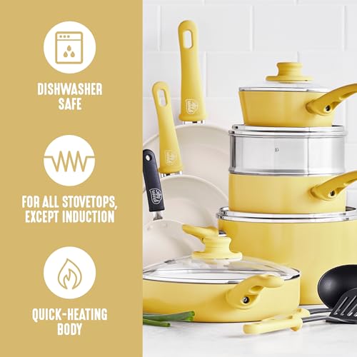 GreenLife 16 Piece Nonstick Cookware Set, Soft Grip Non-Toxic PFAS-Free Ceramic Pots & Pans, Dishwasher & Oven Safe, Frying, Sauce, Saute, Utensils, Glass Lids, Stay-Cool Handles, Wobble Free, Yellow - Image 2