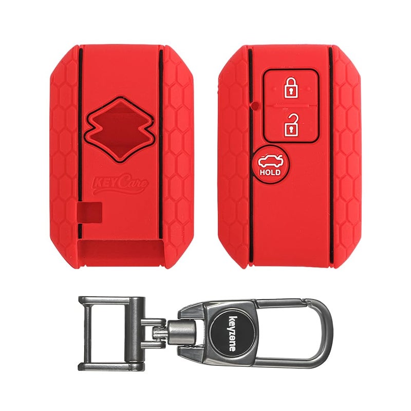 KCARE Silicone Key Cover for Victoris, Ertiga, Swift, DZire 3 Button Smart Key (Push Button Start Models only) (Red with MAH Key Holder) - Image 1