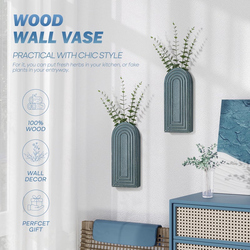 EOSAHR Pine Wood Wall Vases Set of 2 â€“ Boho Decor Wall Planters for Indoor Plants & Flowers â€“ Farmhouse Hanging Vases for House Decorations Living Room, Bedroom, Kitchen & Office (Denim Blue) - Image 4