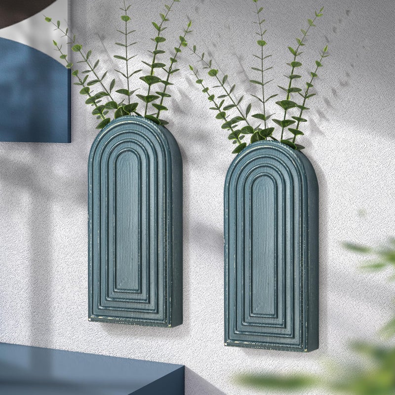 EOSAHR Pine Wood Wall Vases Set of 2 â€“ Boho Decor Wall Planters for Indoor Plants & Flowers â€“ Farmhouse Hanging Vases for House Decorations Living Room, Bedroom, Kitchen & Office (Denim Blue) - Image 1