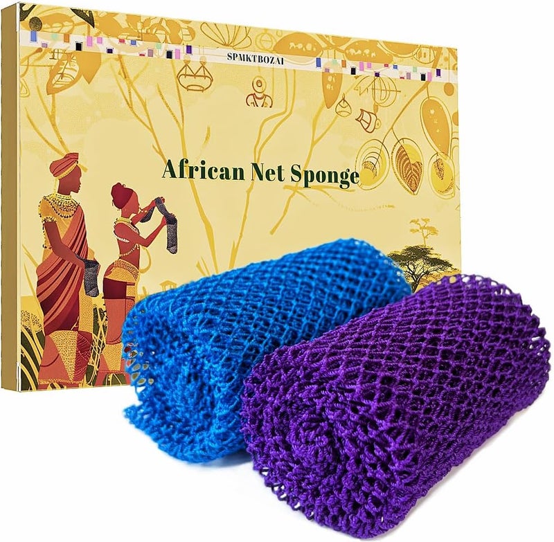 SPMKTBOZAI إسفنجة الشبكة الأفريقية الأصلية، 2 قطع إسفنجة تقشير أفريقية حقيقية مملوكة لأفارقة، إسفنجة استحمام أفريقية، فرشاة ظهر، مقشر للجسم، ملحقات استحمام (بنفسجي، أزرق سماوي)