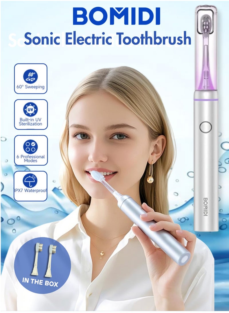 BOMIDI Sonic Electric Toothbrush – 60° Sweeping Deep Clean, 6 Modes, UV Sterilization, IPX7 Waterproof, Smart Timer, Long Battery Life, Type-C Fast Charging | Total 2 Brush Heads in The Box | BOMIDI TX6 (Grey) Box  - Image 3