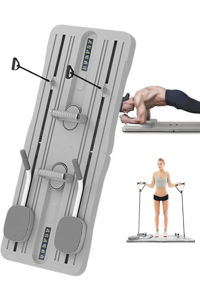 VUCATIN Pilates Board - Pilates Reformer Set Multi-Purpose Foldable Pilates Reformer Board for Home 5 in 1 Pilates Sliding Board Multifunctional Abdominal Exercise Board Foldable Pilates Reformer Board with Elbow Support and Resistance Bands (Grey) - Image 1