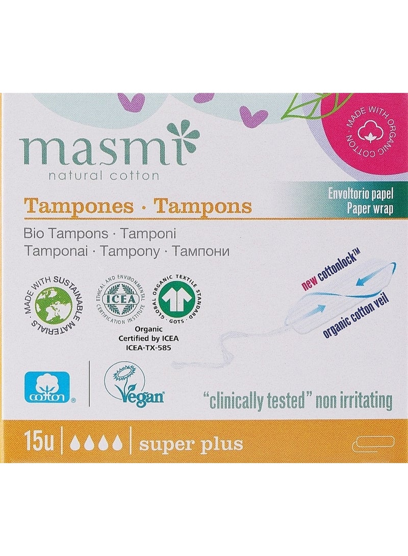 Organic Super Plus Non Applicator Cotton Tampons 15 Pcs