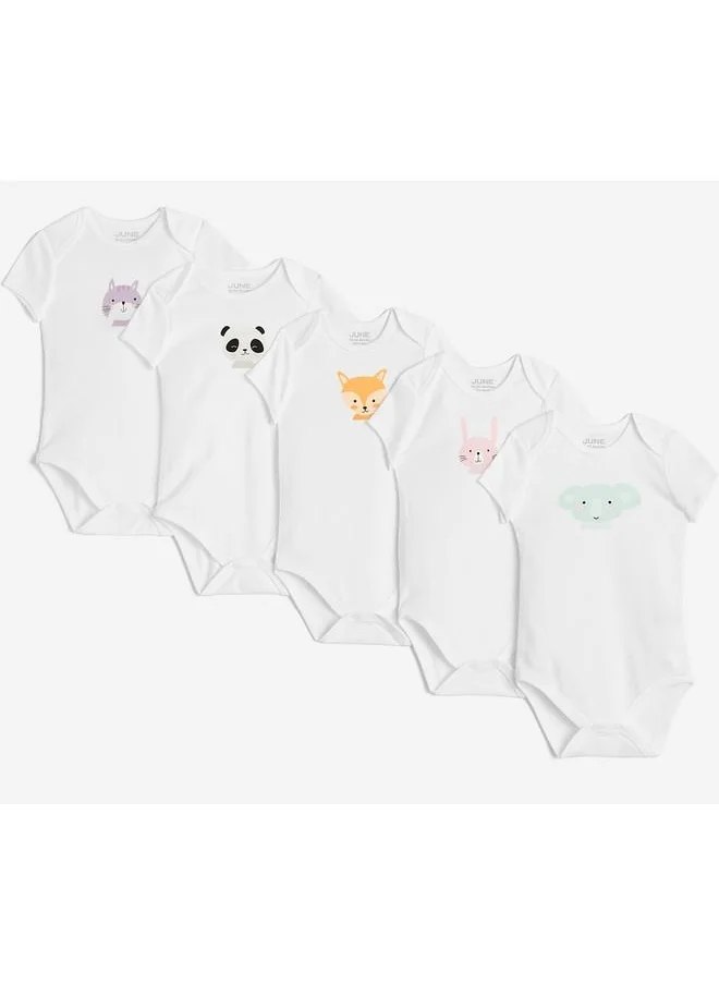 JUNE June Baby Envelope Neck 5-Pack Cute Animals Printed Short Sleeve Bodysuit White