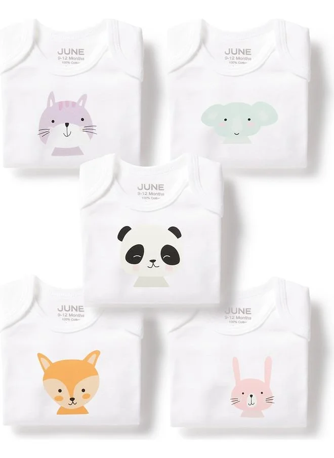 JUNE June Baby Envelope Neck 5-Pack Cute Animals Printed Short Sleeve Bodysuit White