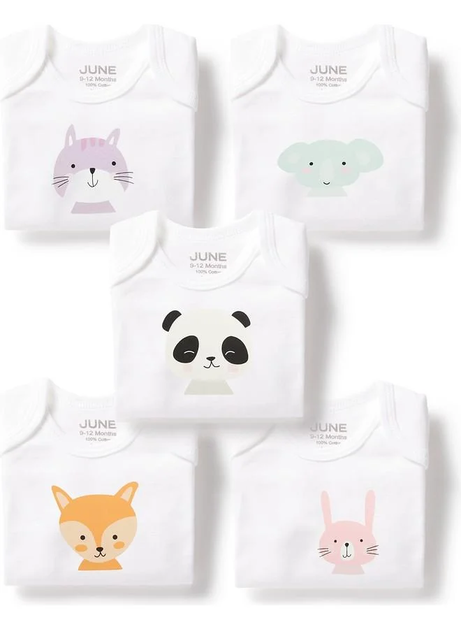 جون June Baby Envelope Neck 5-Pack Cute Animals Printed Short Sleeve Bodysuit White