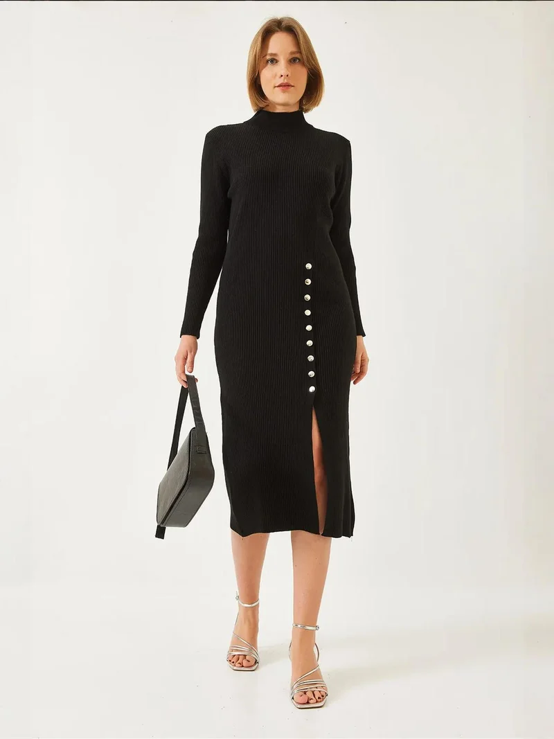 Bianco Lucci LUCCI Ribbed Textured Turtleneck Midi Knitted Dress