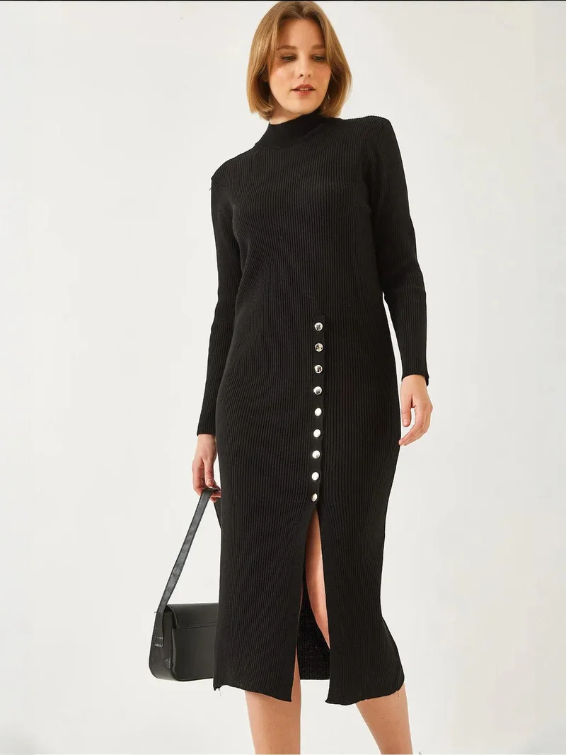 Bianco Lucci LUCCI Ribbed Textured Turtleneck Midi Knitted Dress