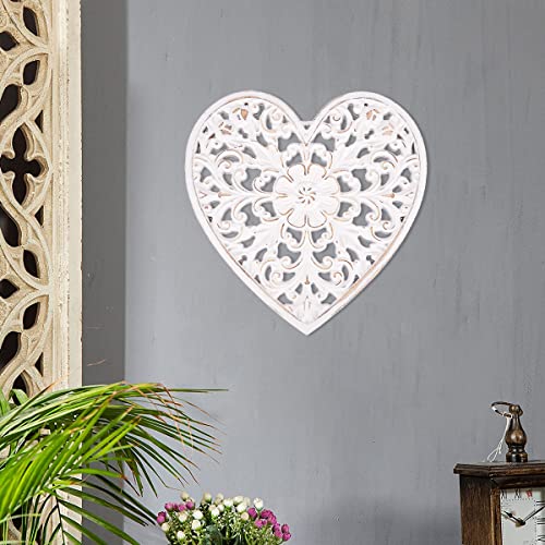kjcbkcb Wooden Wall Decor, Floral Hollow Carved Wall Panel Hanging Decor Rustic Art Sculpture Decorative Carved Floral-Patterned Distressed White MDF Wall Panel for Hallway Bedroom Cafe Office (Heart) - Image 3