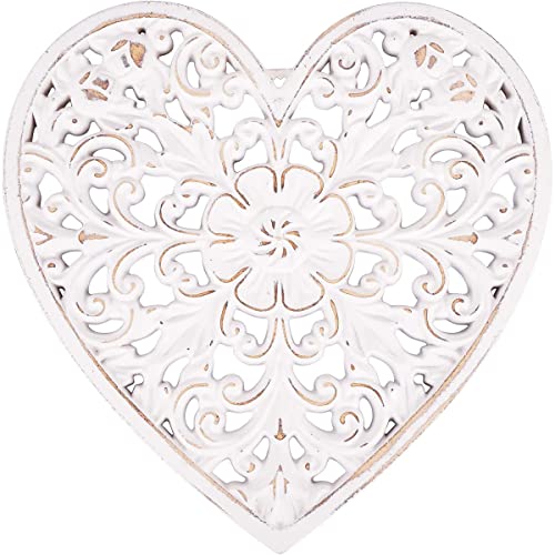 kjcbkcb Wooden Wall Decor, Floral Hollow Carved Wall Panel Hanging Decor Rustic Art Sculpture Decorative Carved Floral-Patterned Distressed White MDF Wall Panel for Hallway Bedroom Cafe Office (Heart) - Image 1