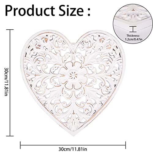 kjcbkcb Wooden Wall Decor, Floral Hollow Carved Wall Panel Hanging Decor Rustic Art Sculpture Decorative Carved Floral-Patterned Distressed White MDF Wall Panel for Hallway Bedroom Cafe Office (Heart) - Image 4