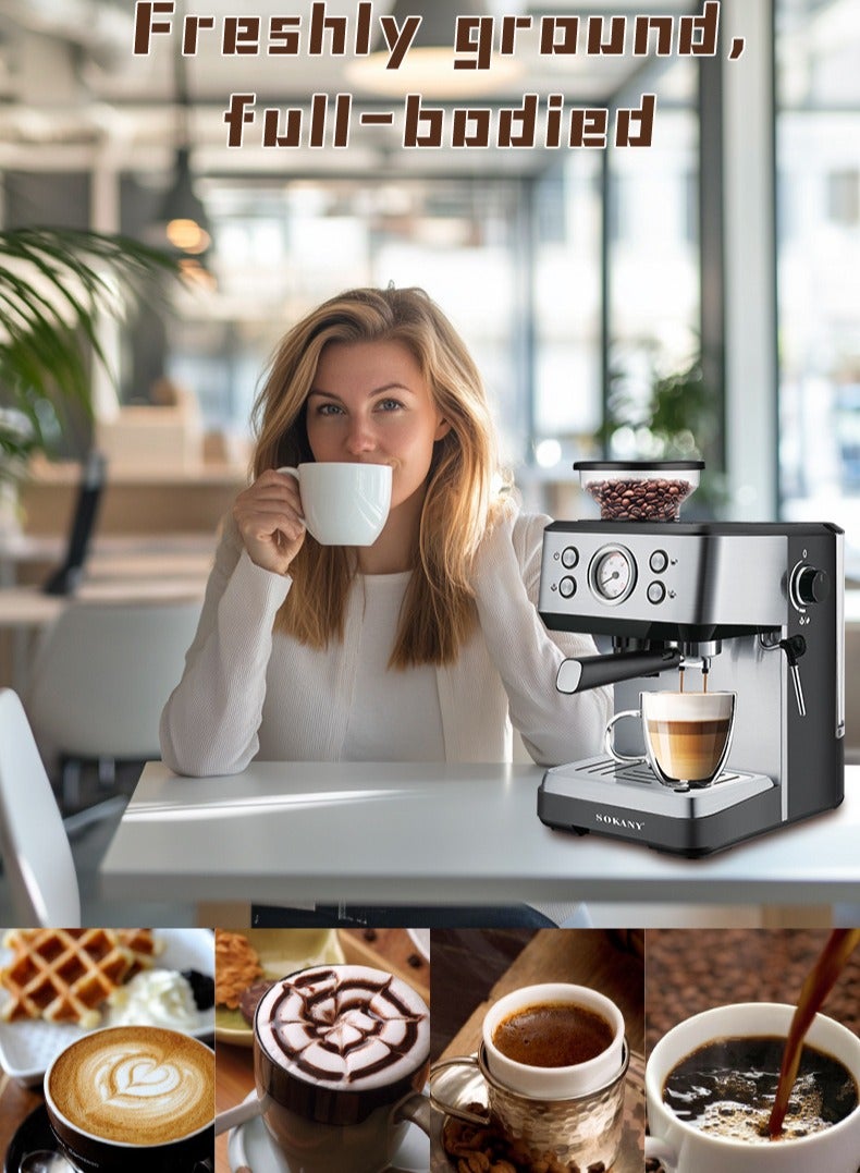 sokany 4 In 1 Espresso Machine,1400W/1.6L Cappuccino/Latte/Espresso/Grind Coffee Machine with Automatic Milk Frother, 20 Bar Pump Pressure,Coffee Maker for Home and Office,LG-SK77-2 - Image 2