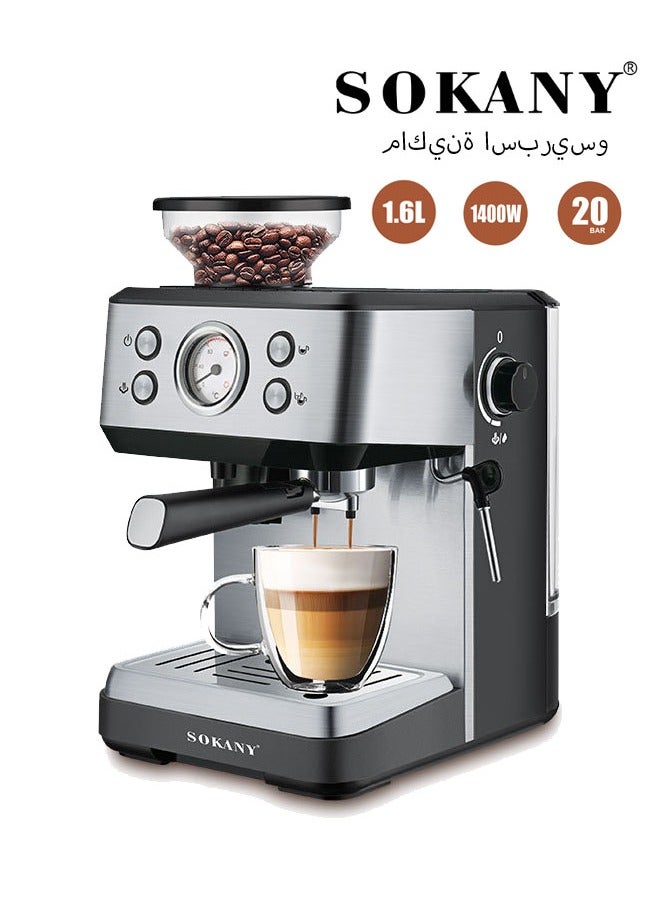 sokany 4 In 1 Espresso Machine,1400W/1.6L Cappuccino/Latte/Espresso/Grind Coffee Machine with Automatic Milk Frother, 20 Bar Pump Pressure,Coffee Maker for Home and Office,LG-SK77-2 - Image 1