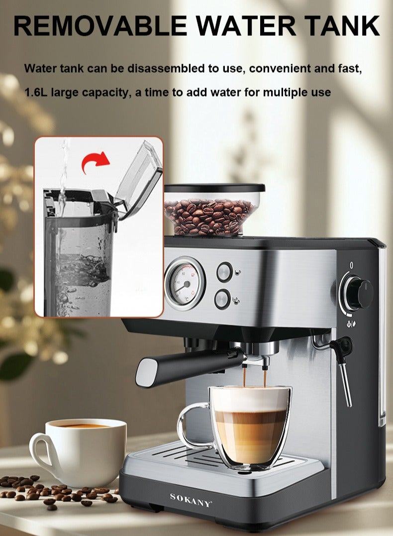 sokany 4 In 1 Espresso Machine,1400W/1.6L Cappuccino/Latte/Espresso/Grind Coffee Machine with Automatic Milk Frother, 20 Bar Pump Pressure,Coffee Maker for Home and Office,LG-SK77-2 - Image 4