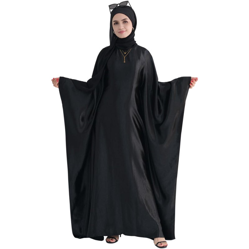 khalat Abaya Muslim Dress Women Satin Prayer Dress Batwing Long Sleeve Middle East Arabian Robe with Hijab Black - Image 1