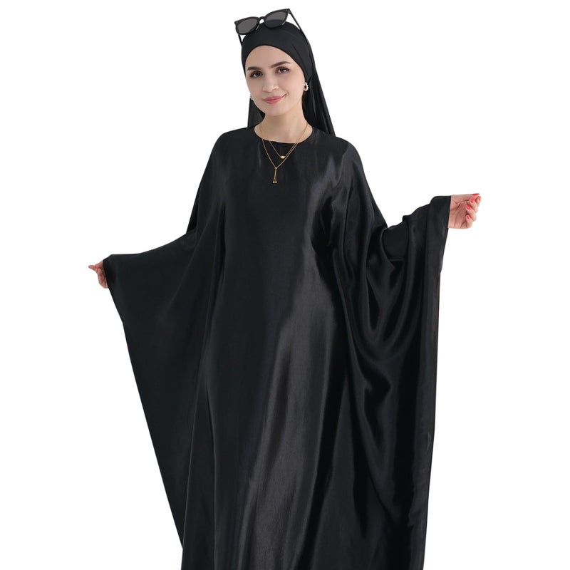 khalat Abaya Muslim Dress Women Satin Prayer Dress Batwing Long Sleeve Middle East Arabian Robe with Hijab Black - Image 2
