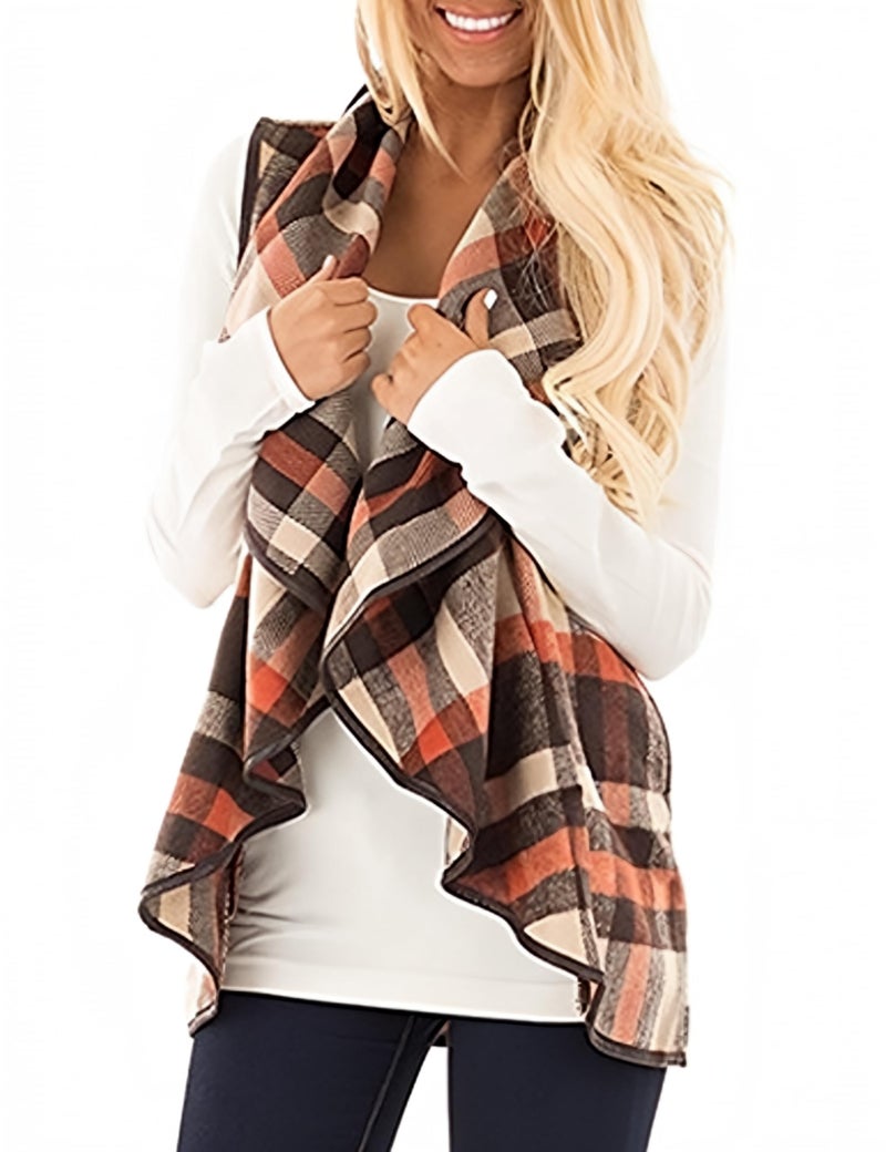 Unidear Womens Plaid Open Front Casual Cardigan Sleeveless Patch Draped Outwear with Pockets Brown S - Image 1