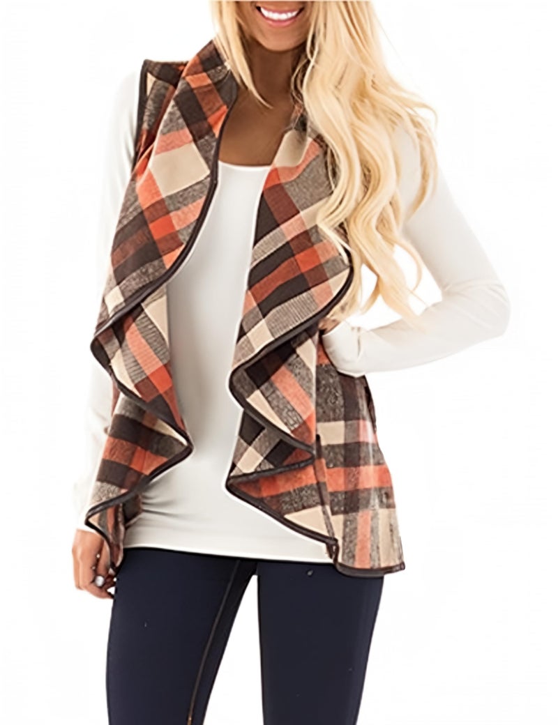 Unidear Womens Plaid Open Front Casual Cardigan Sleeveless Patch Draped Outwear with Pockets Brown S - Image 2