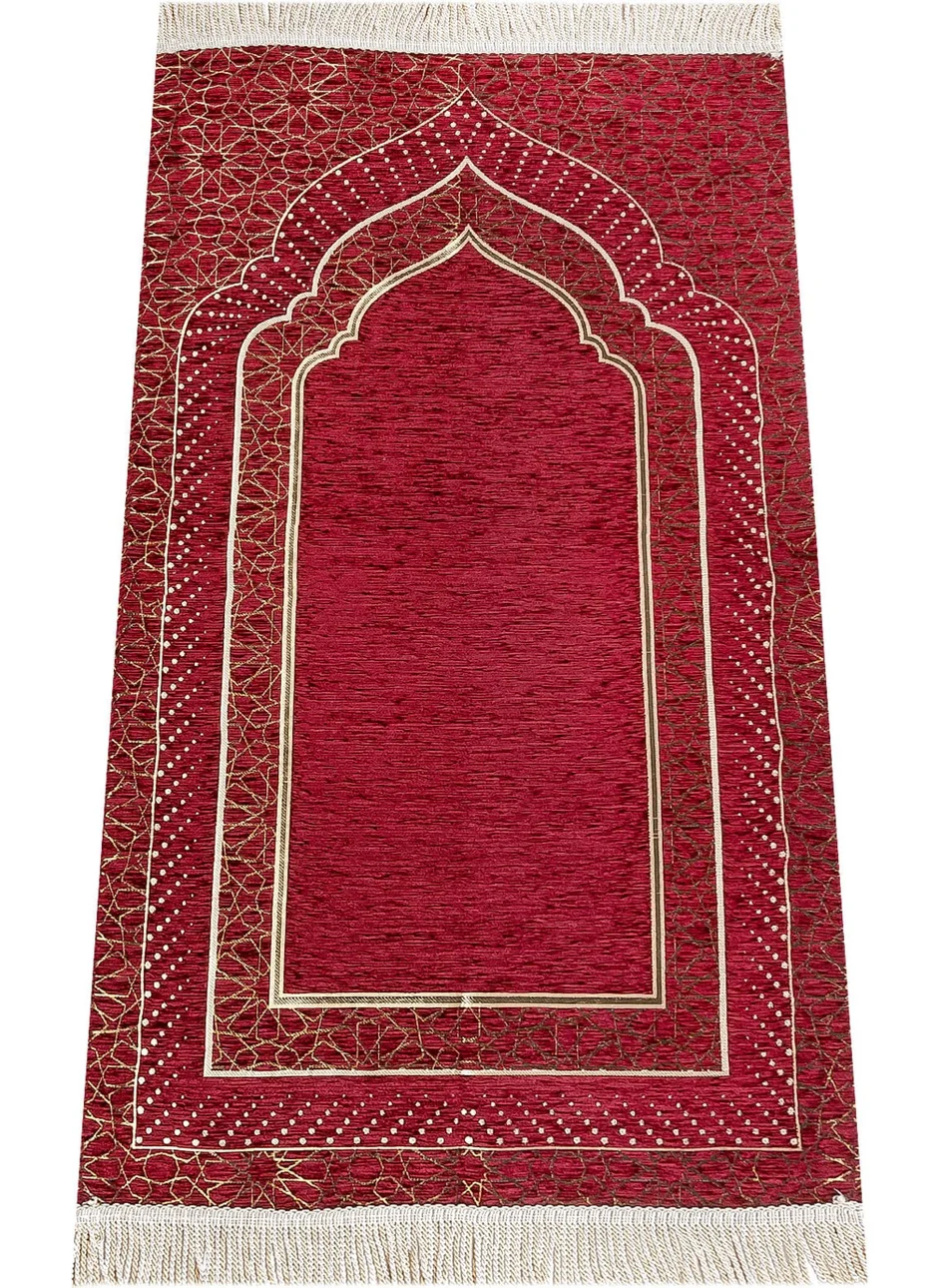 İhvan Online Mihrap Patterned Lined Chenille Prayer Rug - Claret Red