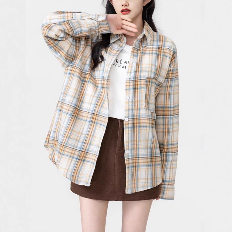 Vintage Polo Collar Plaid Shirt Womens Summer Sun Protection Wear Loose Spring and Autumn Cardigan Casual Shirt Long Sleeve Top Picture color