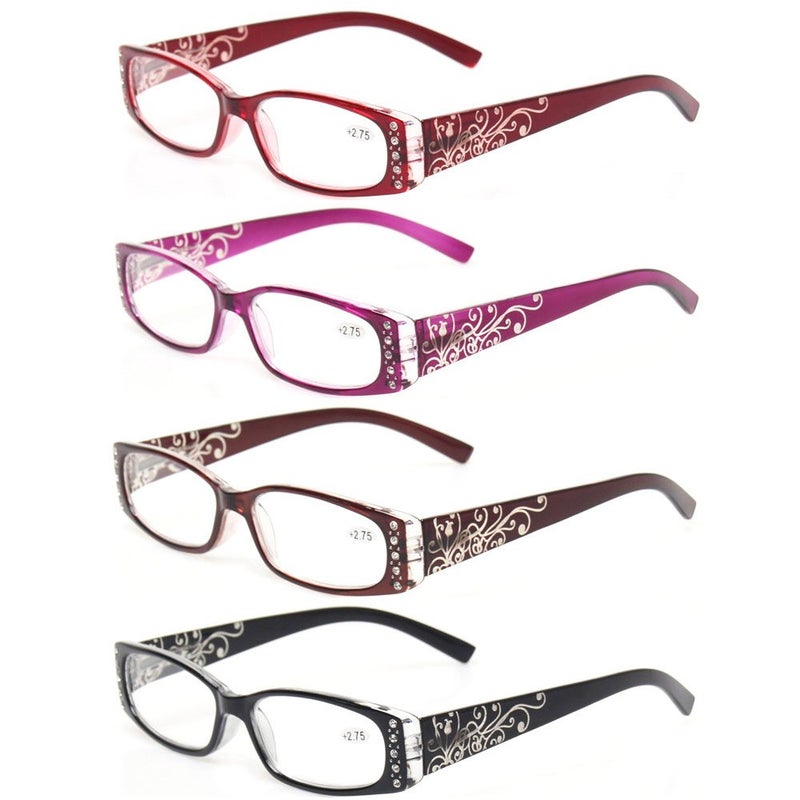 Kerecsen Reading Glasses 4 Pairs Ladies Readers Spring Hinge with Laser Pattern Eyeglasses for Women (4 Pack Mix Color  2.00) - Image 1