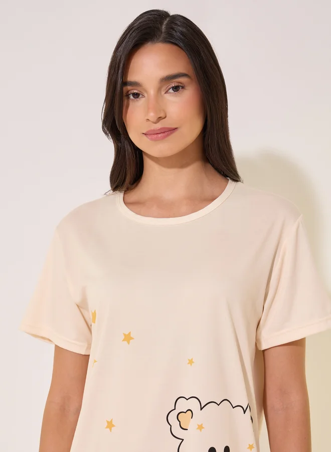 Take Two Graphic Print Round Neck Sleep T-Shirt Dress