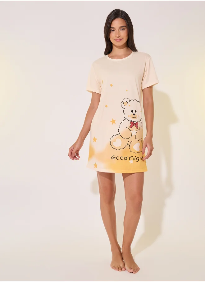 ستايلي Graphic Print Round Neck Sleep T-Shirt Dress