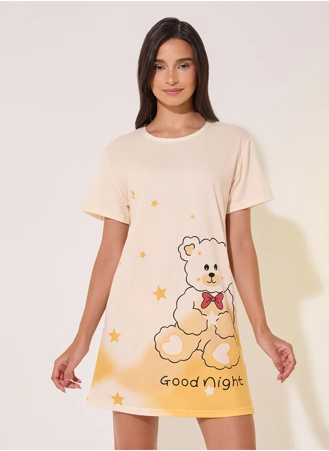 ستايلي Graphic Print Round Neck Sleep T-Shirt Dress