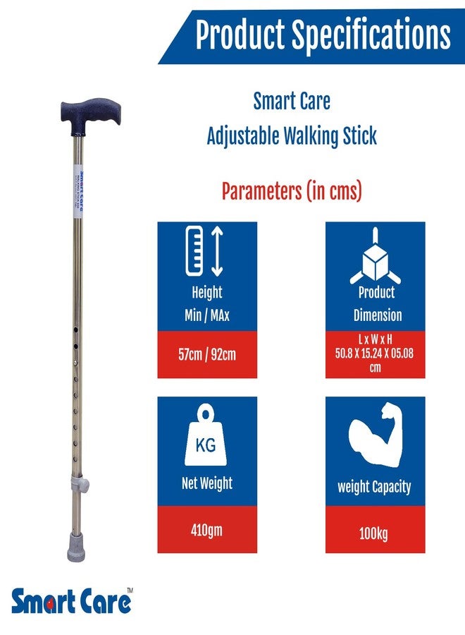 SMARTCARE Smart Care Walking Stick Height Adjustable Strong and Durable Anti-slip Lightweight, Adjustable Walking Cane, Hand Stick for Old People & Adults Men and Women for Balancing Mobility Aid T Handle - 930 SS - Image 2